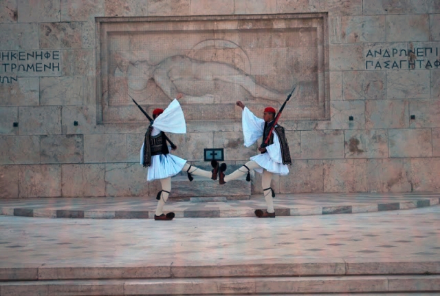 Greek Royal Guard in their Sunday best outside the Parliament. Photo by Ron Guay.